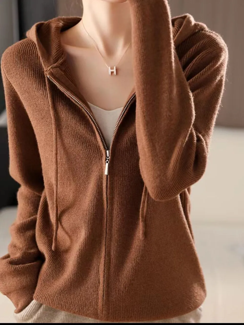 Drawstring Zip Up Long Sleeve Hooded Sweater, image 4