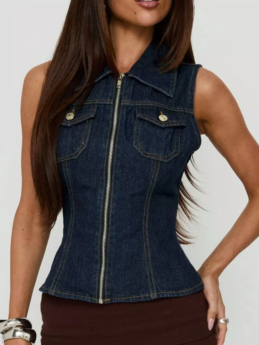 Sleeveless Zip-Up Denim Vest, image 2