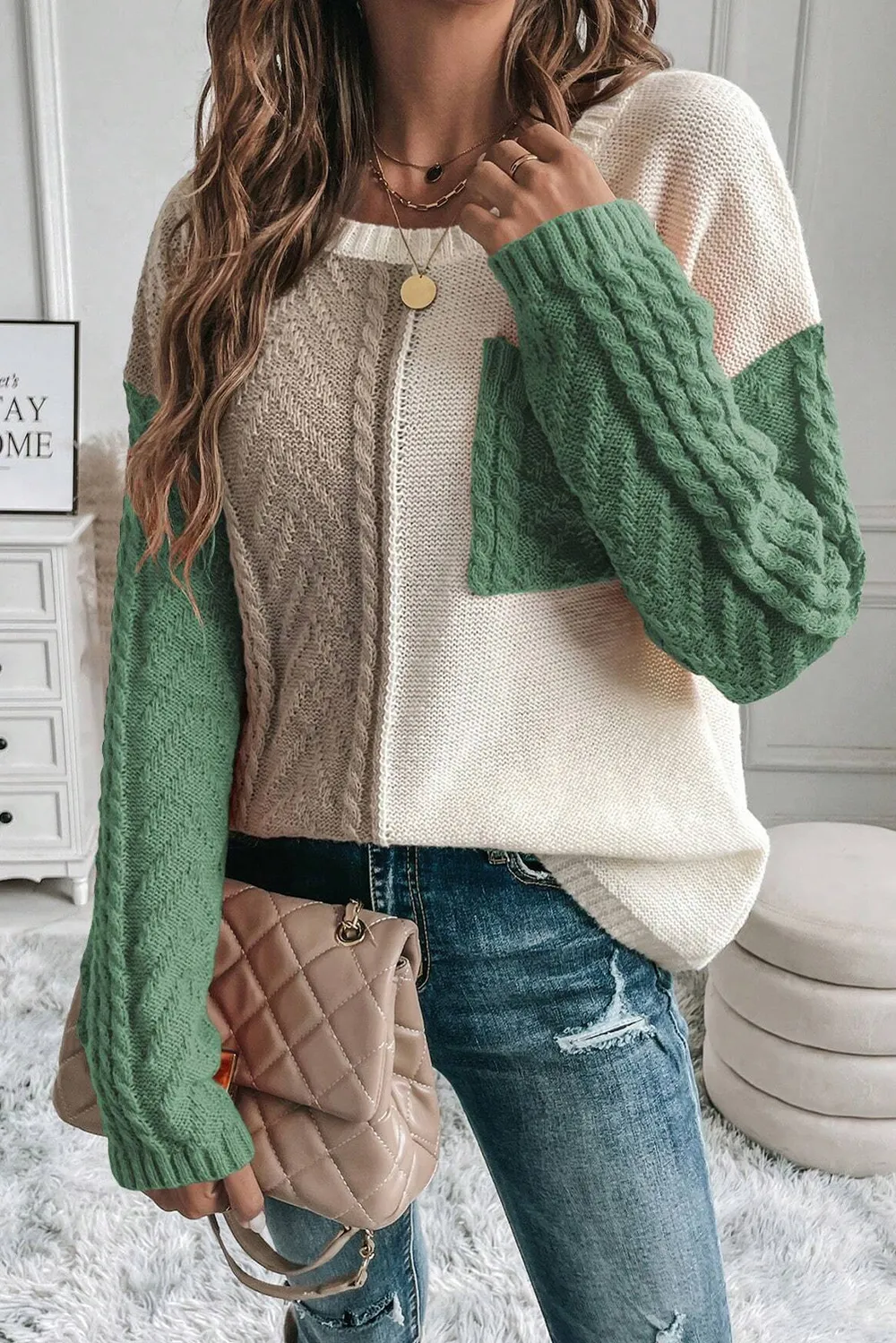 Full Size Color Block Drop Shoulder Sweater, image 3
