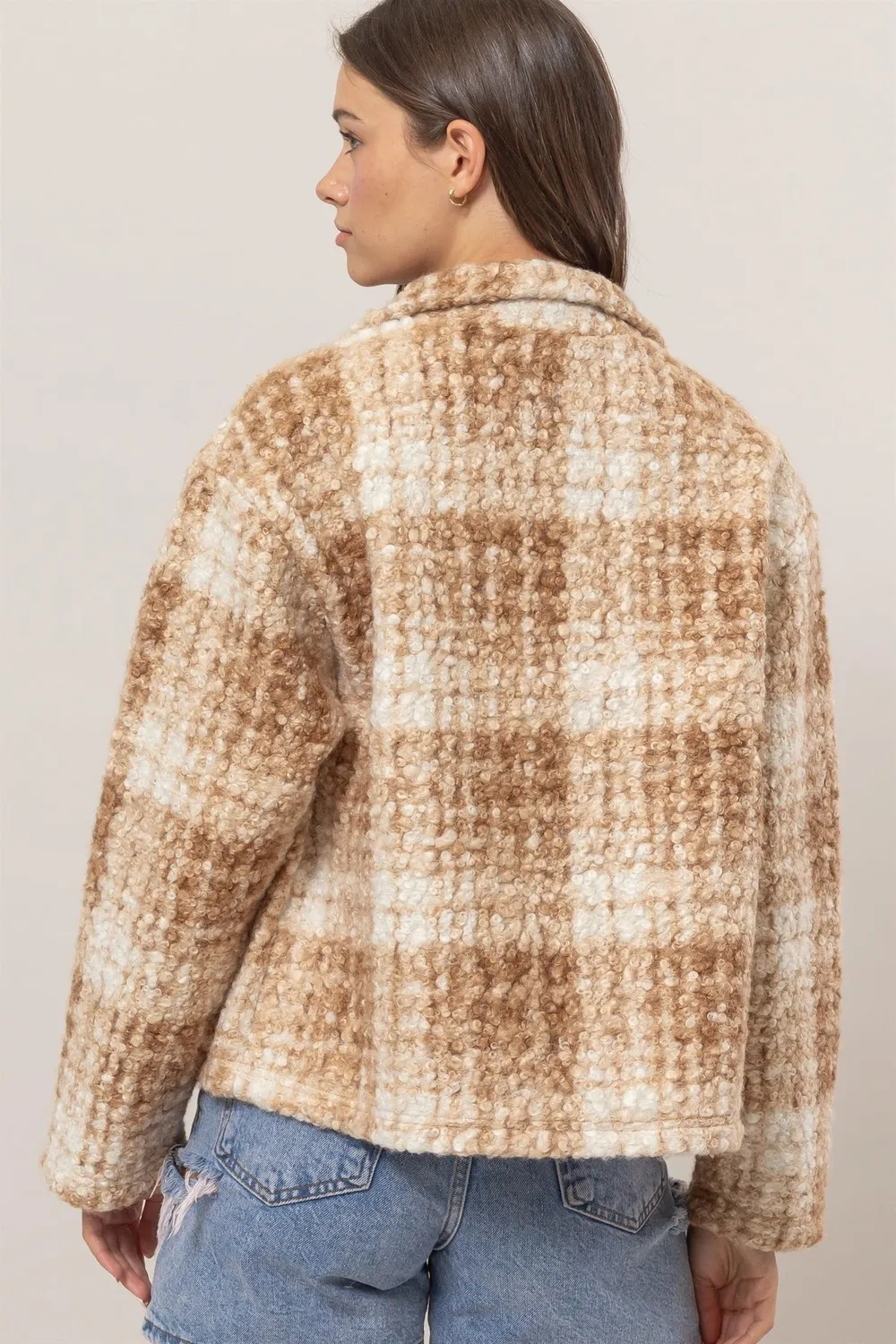 Plaid Collared Neck Boucle Jacket with Pockets, image 4