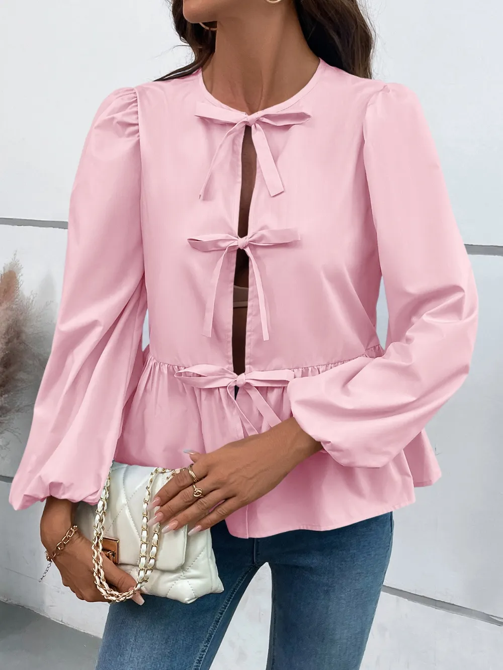 Peplum Tied Long Sleeve Blouse, image 19