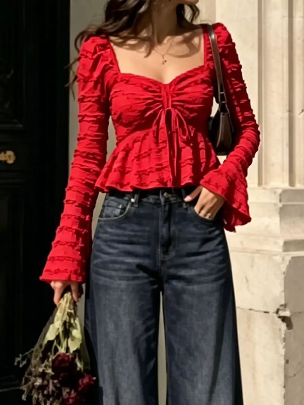 Textured Sweetheart Neck Flare Sleeve Top, image 3