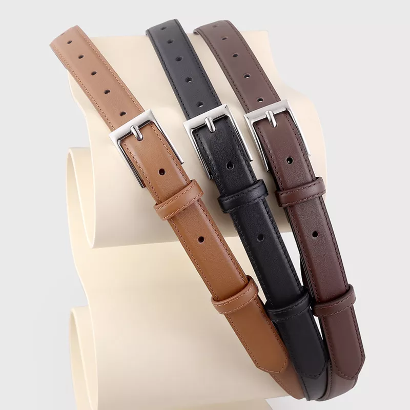 Classic Leather Skinny Belt with Silver Buckle, image 3