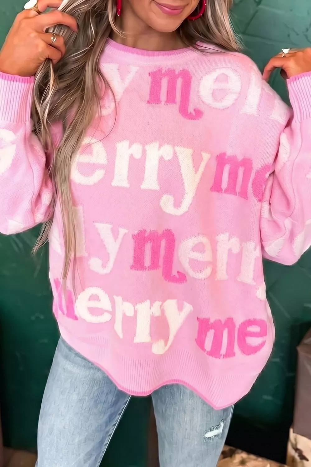 All Over Merry Me Graphic Round Neck Knit Sweater
