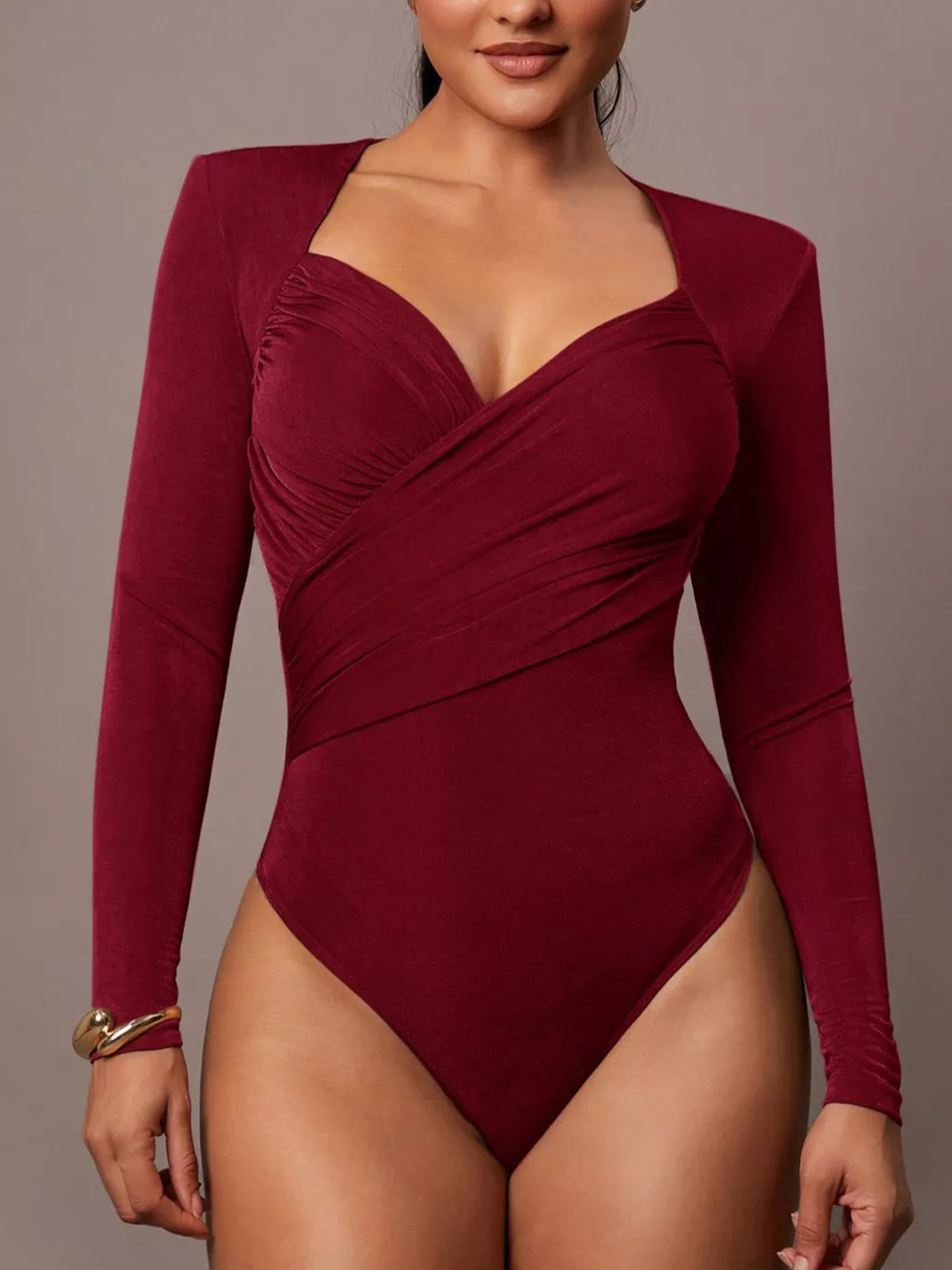 Ruched Surplice Long Sleeve Bodysuit, image 2