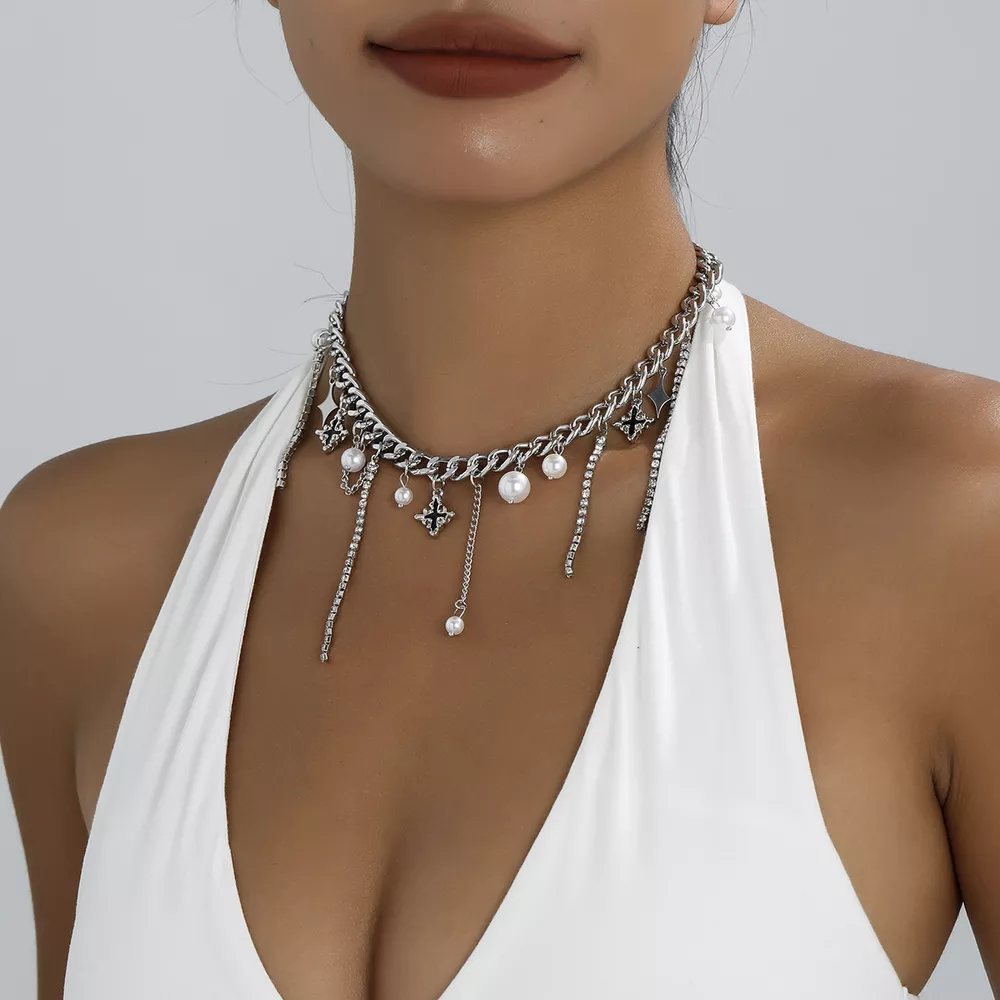 Tassel Star‑Moon Synthetic Pearl Pendant Choker, image 4