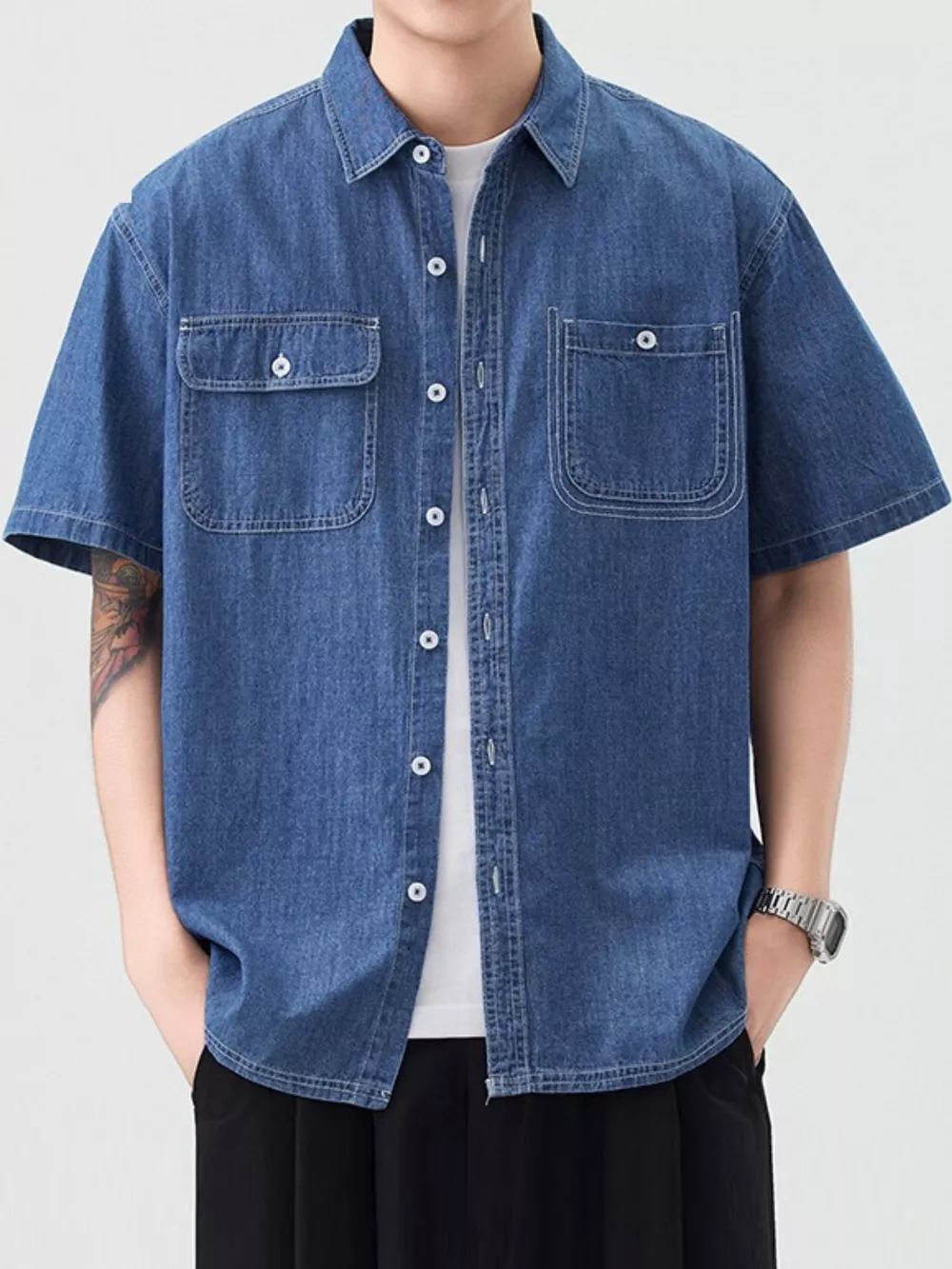 Men's Plus Size Casual Short Sleeve Denim Shirt, image 2