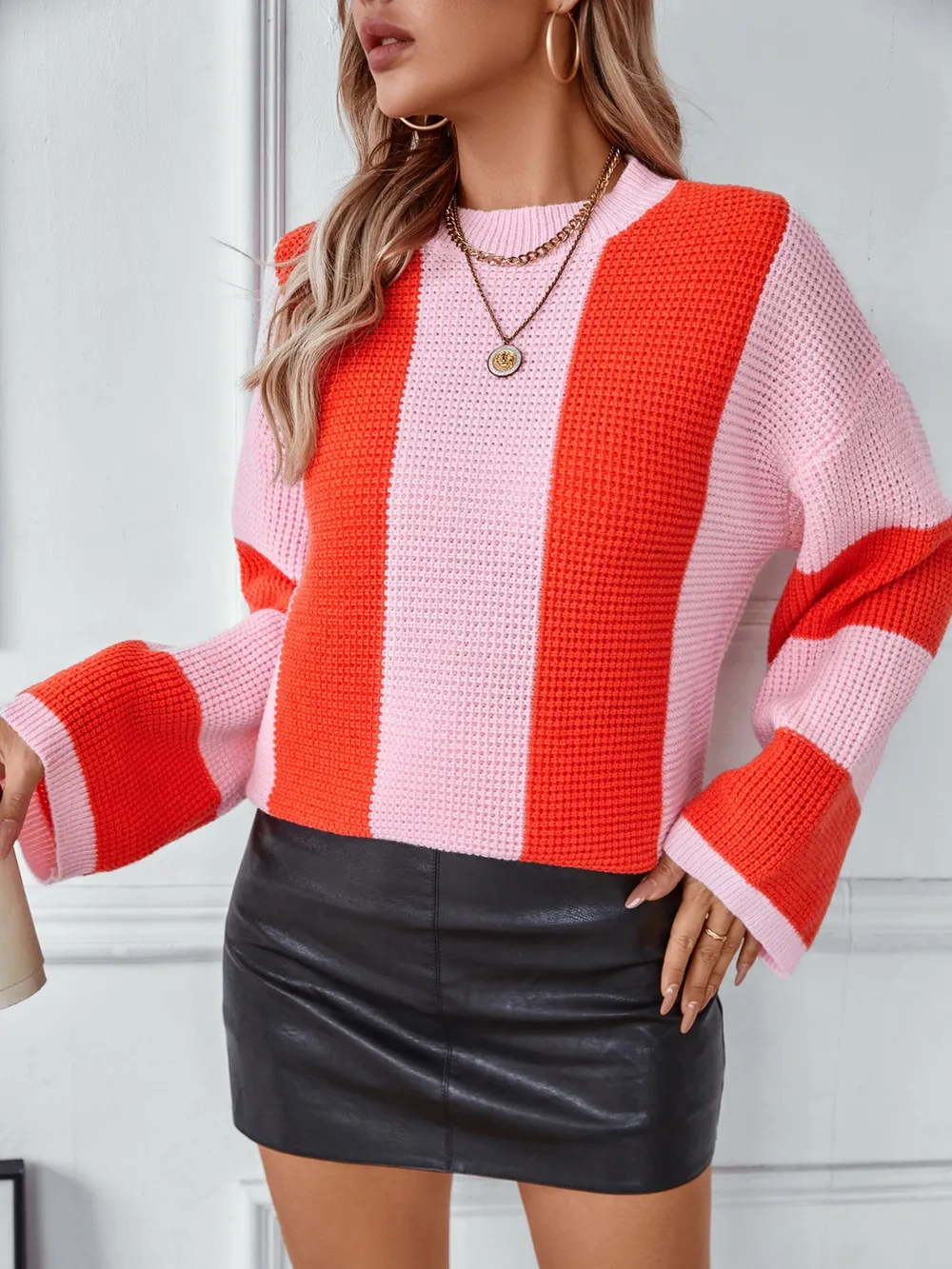 Color Block Round Neck Long Sleeve Sweater, image 5