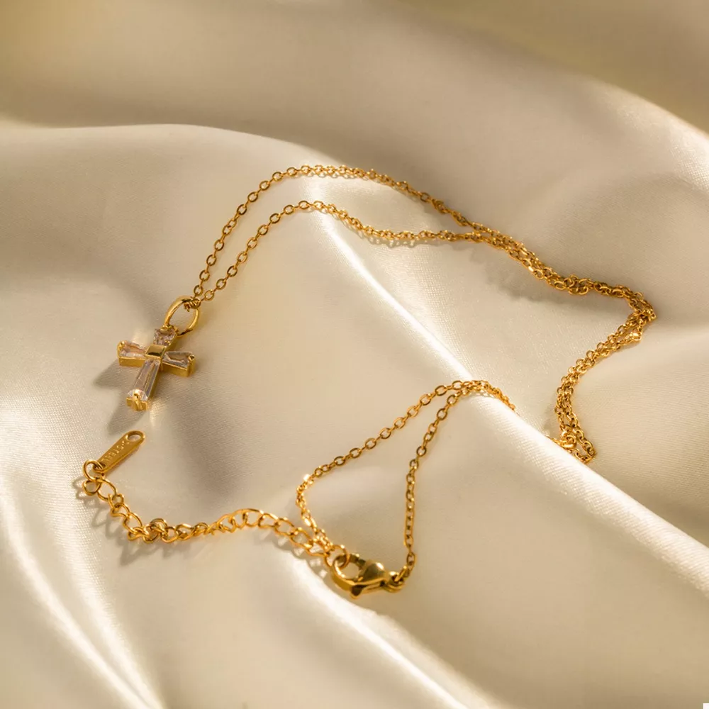 18K Gold-Plated Stainless Steel Zircon Cross Necklace, image 7