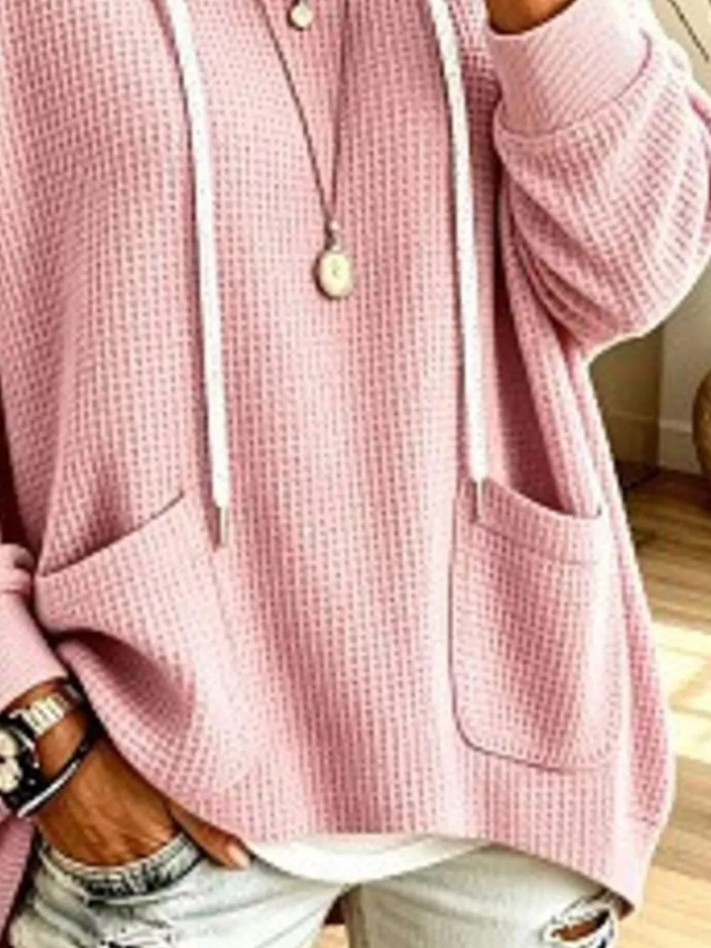 Full Size Waffle Knit Hoodie with Pockets Plus Size, image 8