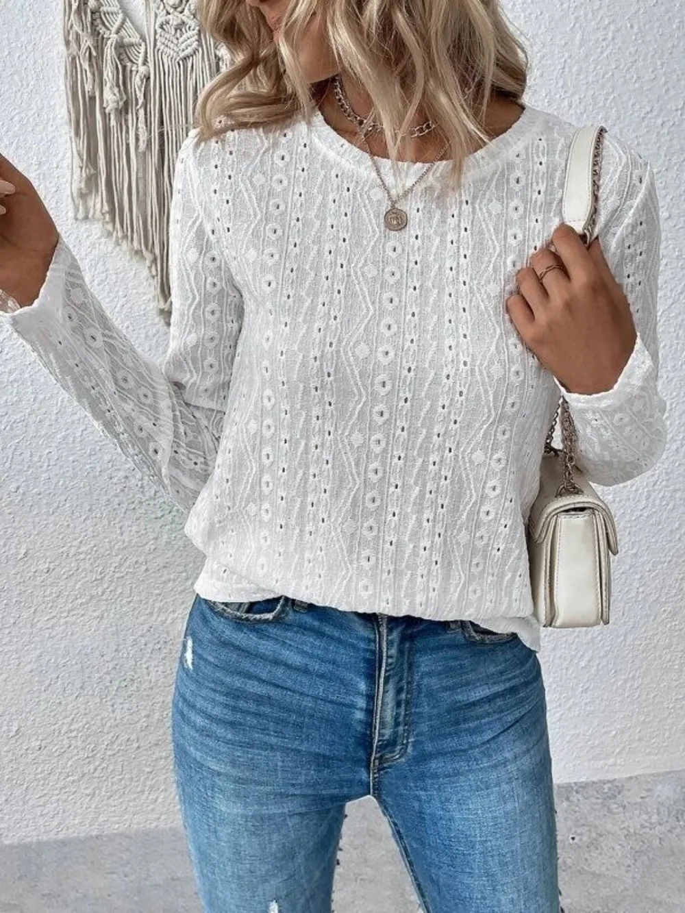 Eyelet Round Neck Long Sleeve Blouse, image 4