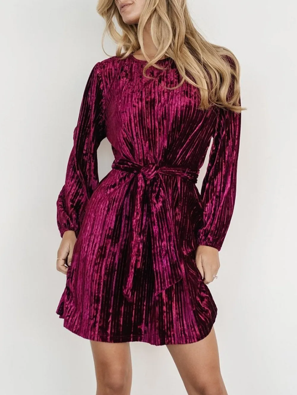 Velvet Round Neck Tie Waist Long Sleeve Mini Dress, image 2
