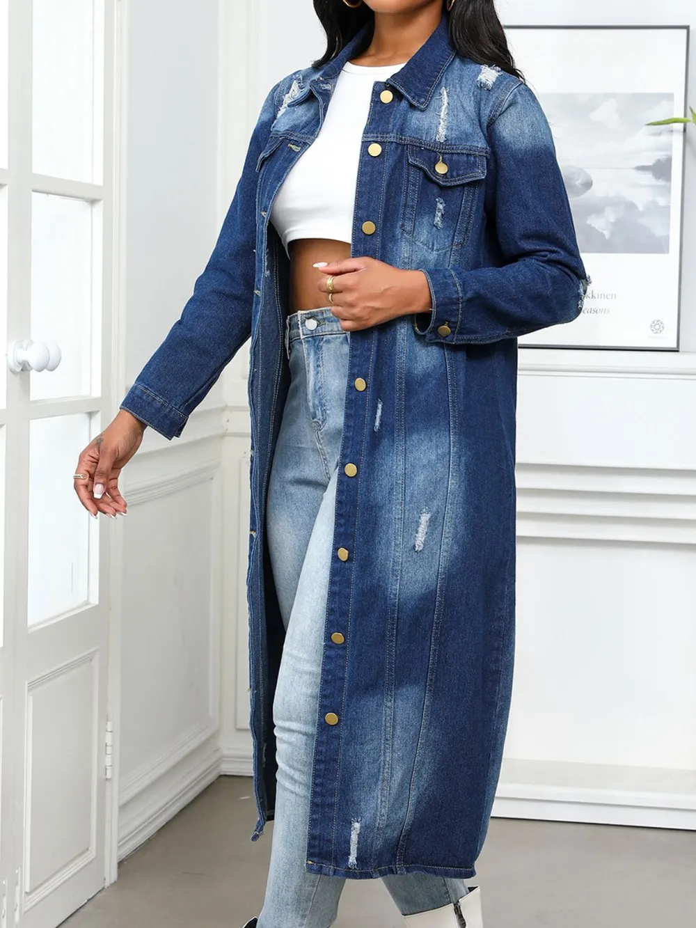 Distressed Button Up Collared Neck Denim Top, image 4