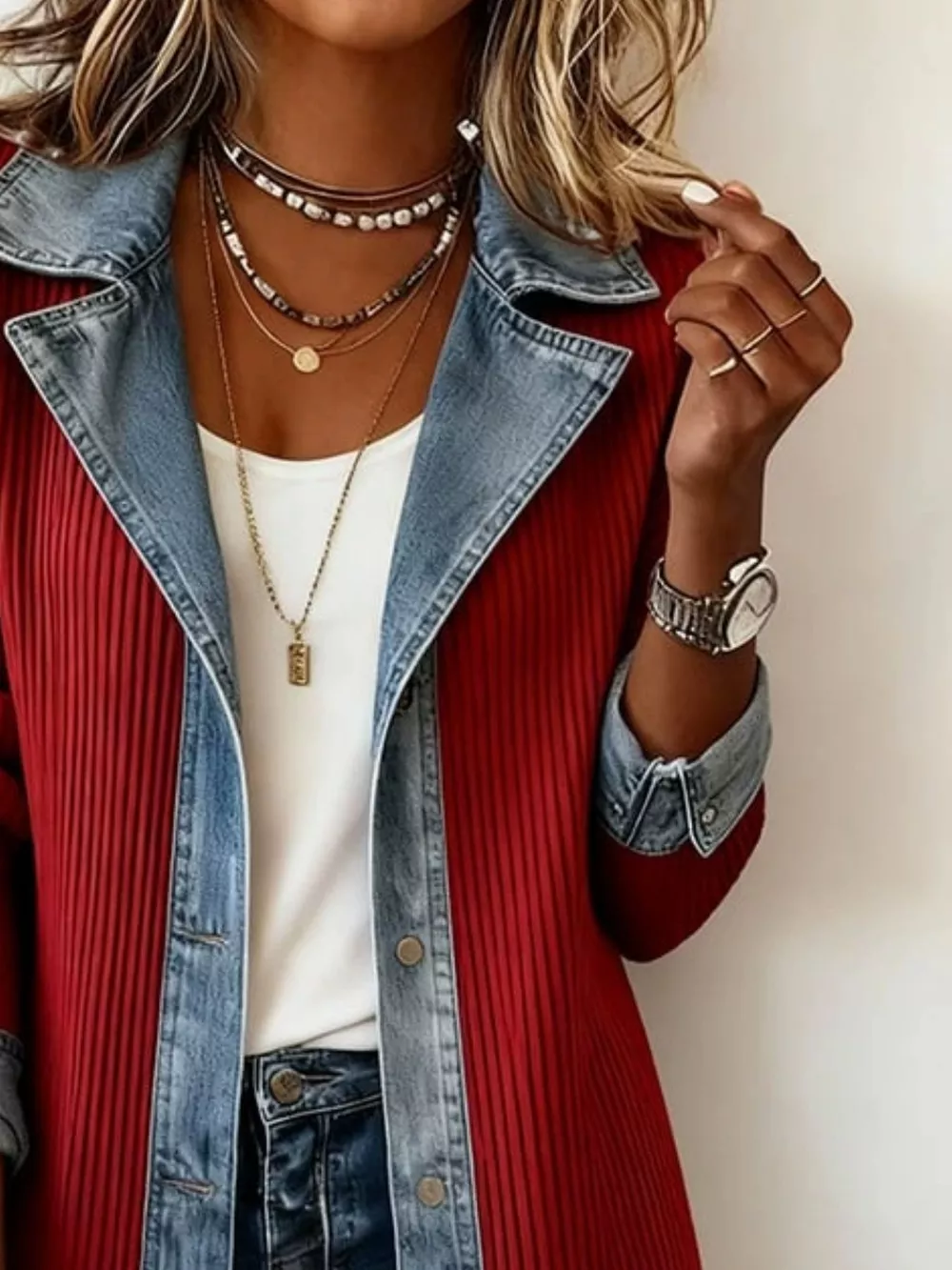 Full Size Denim Trim Ribbed Knit Jacket Plus Size, image 8