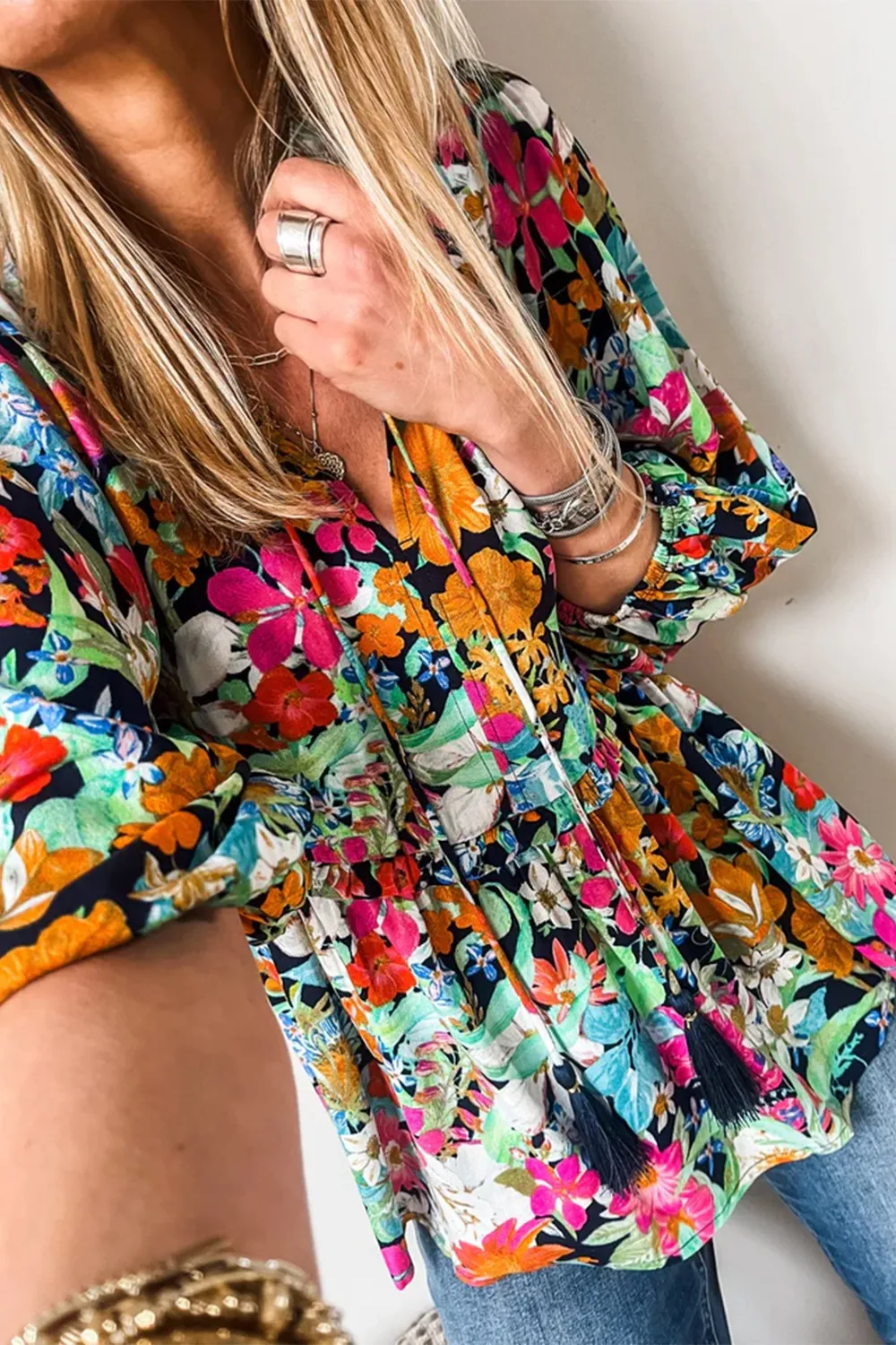 Floral Tie Neck Balloon Sleeve Blouse, image 5