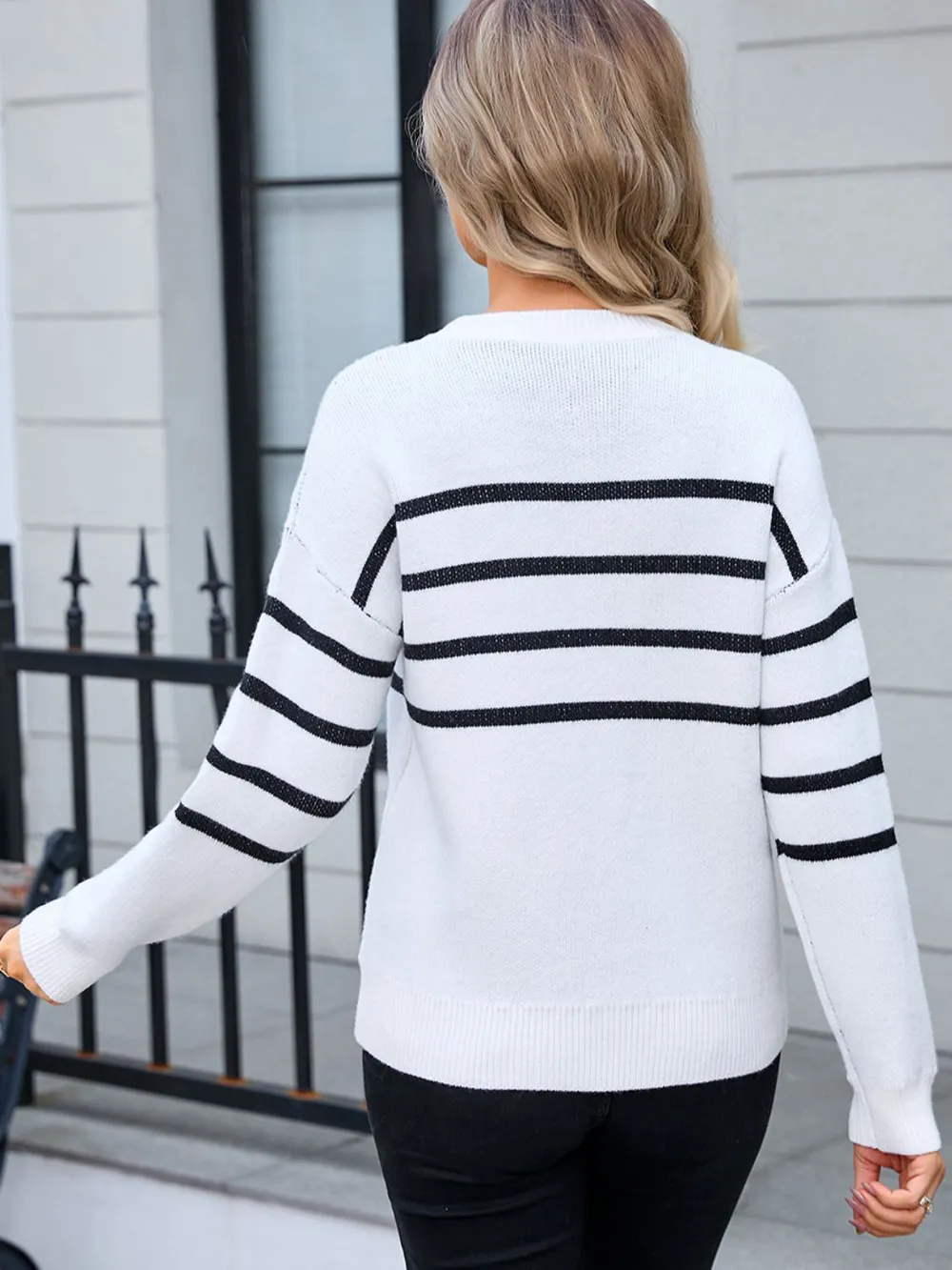 Striped Round Neck Long Sleeve Sweater, image 8