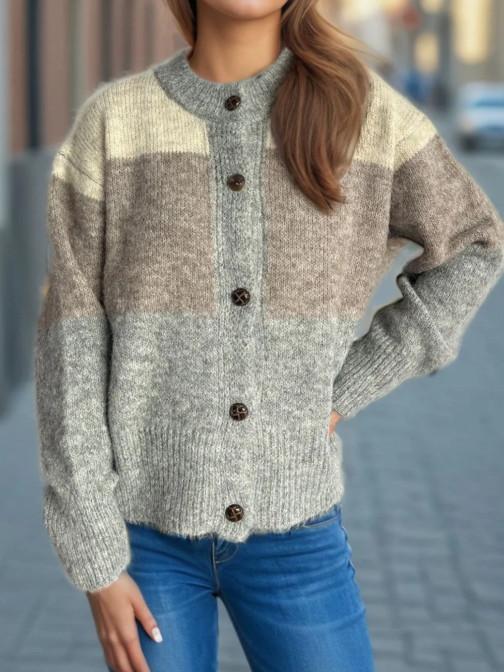 Color Block Round Neck Button Up Cardigan, image 11