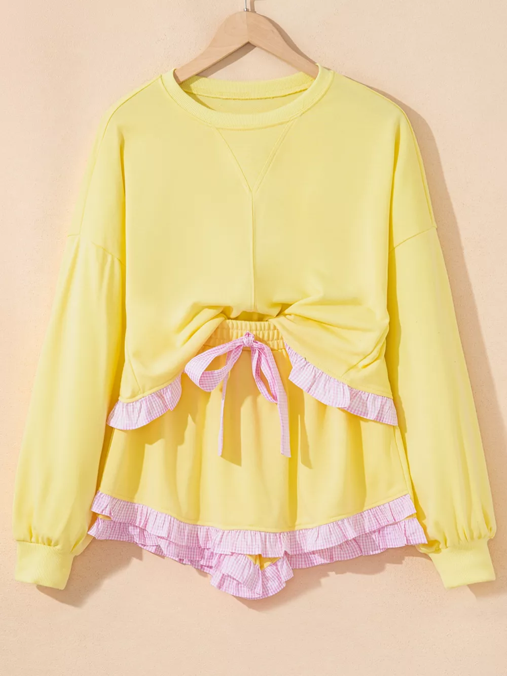 Contrast Frill Hem Round Neck Top and Shorts Set, image 6