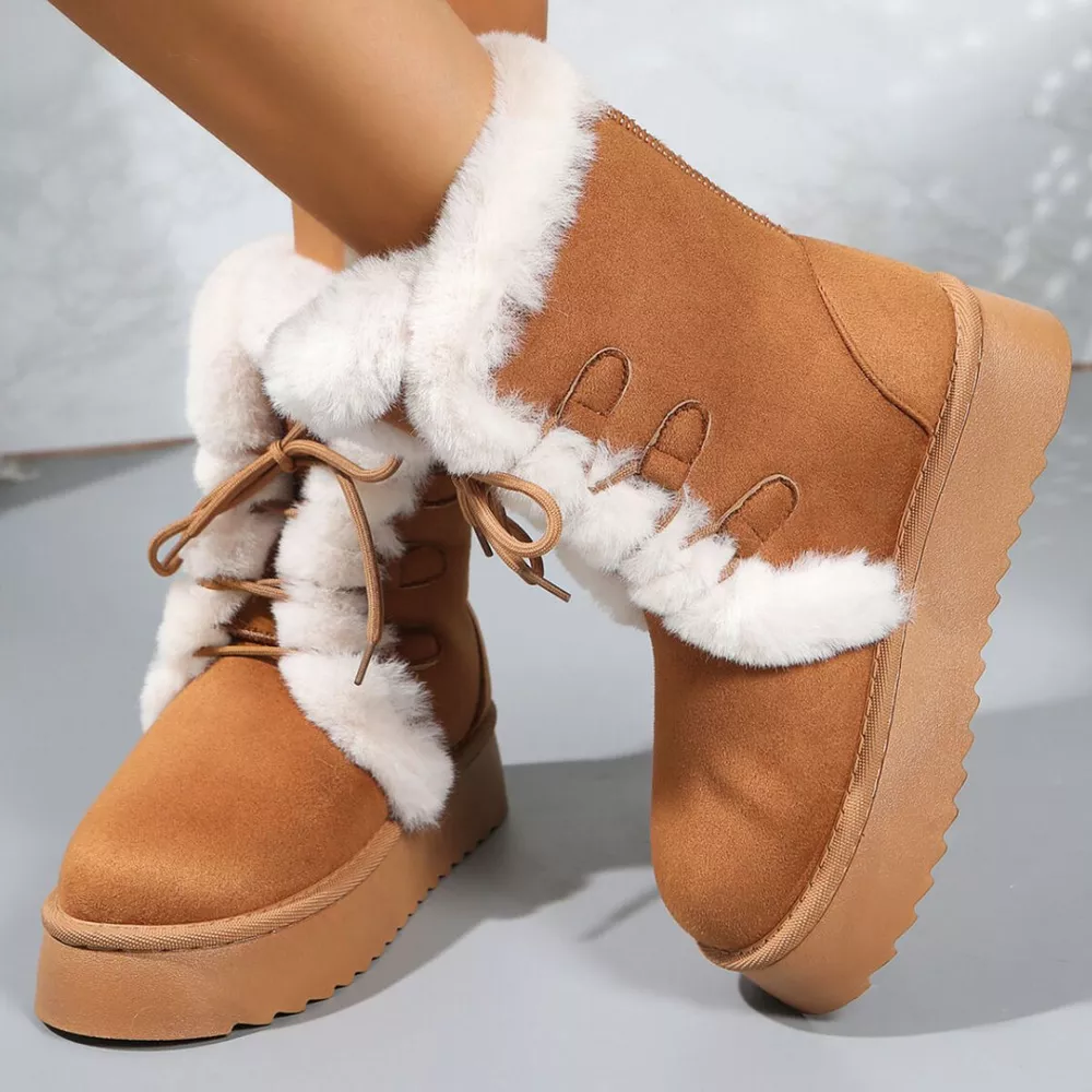 Fuzzy Trim Lace-Up Platform Boots, image 8