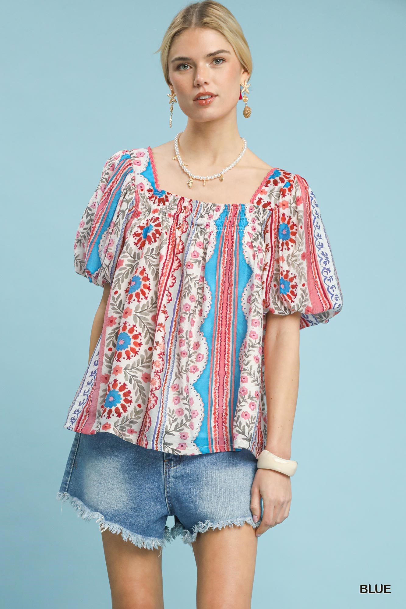 Patchwork Puff Sleeve Smocked Blouse