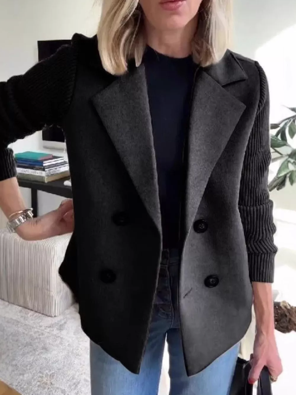 Full Size Knit Sleeve Double-Breasted Outerwear Plus Size