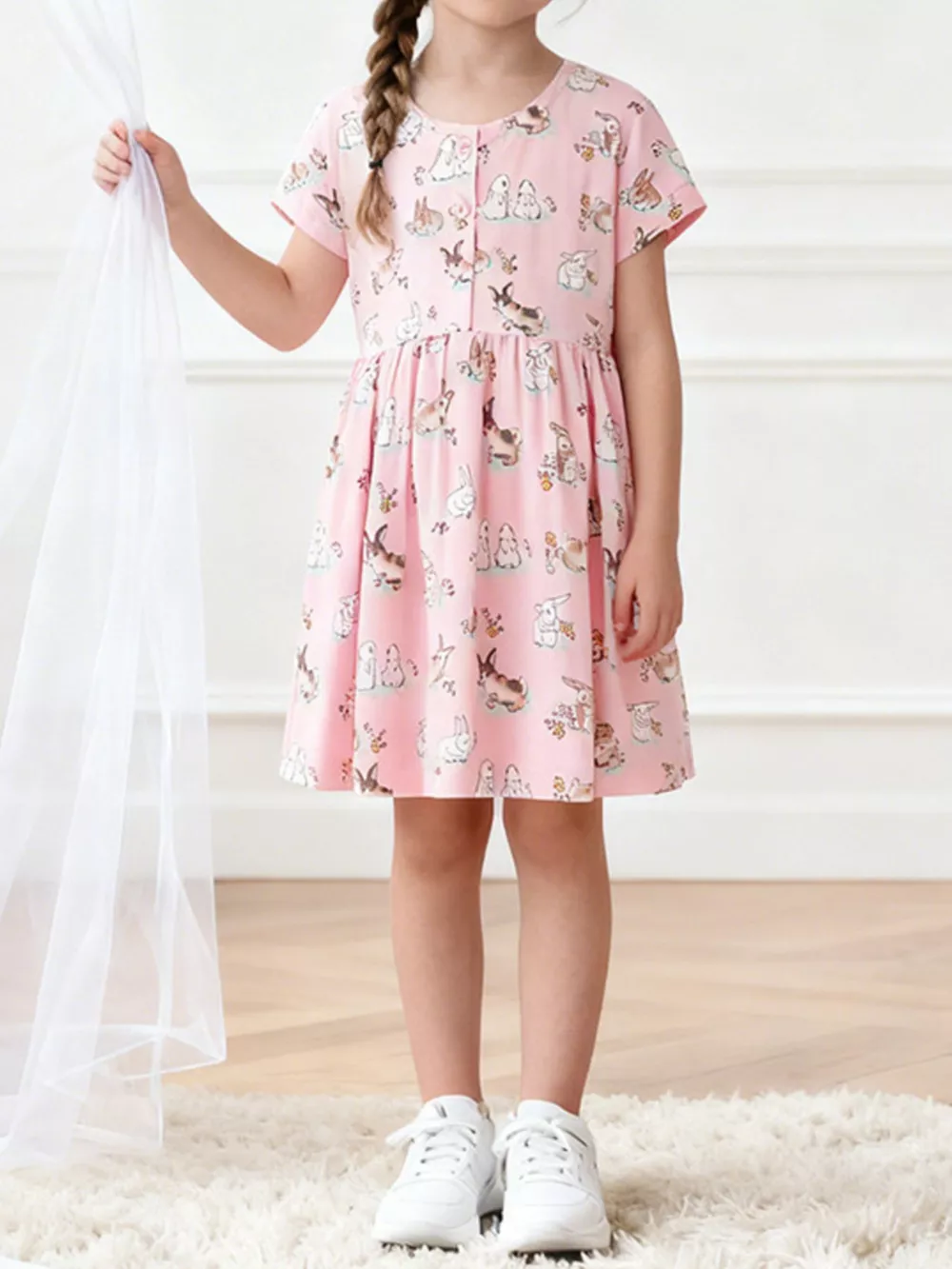 Children's Bunny Print Round Neck Casual Dress