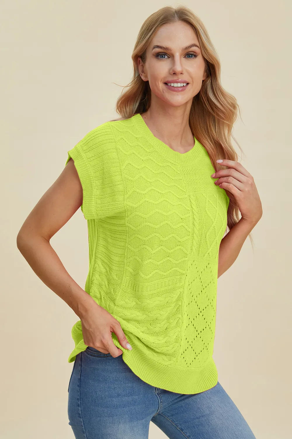 Full Size Cable-Knit Round Neck Cap Sleeve Sweater, image 22