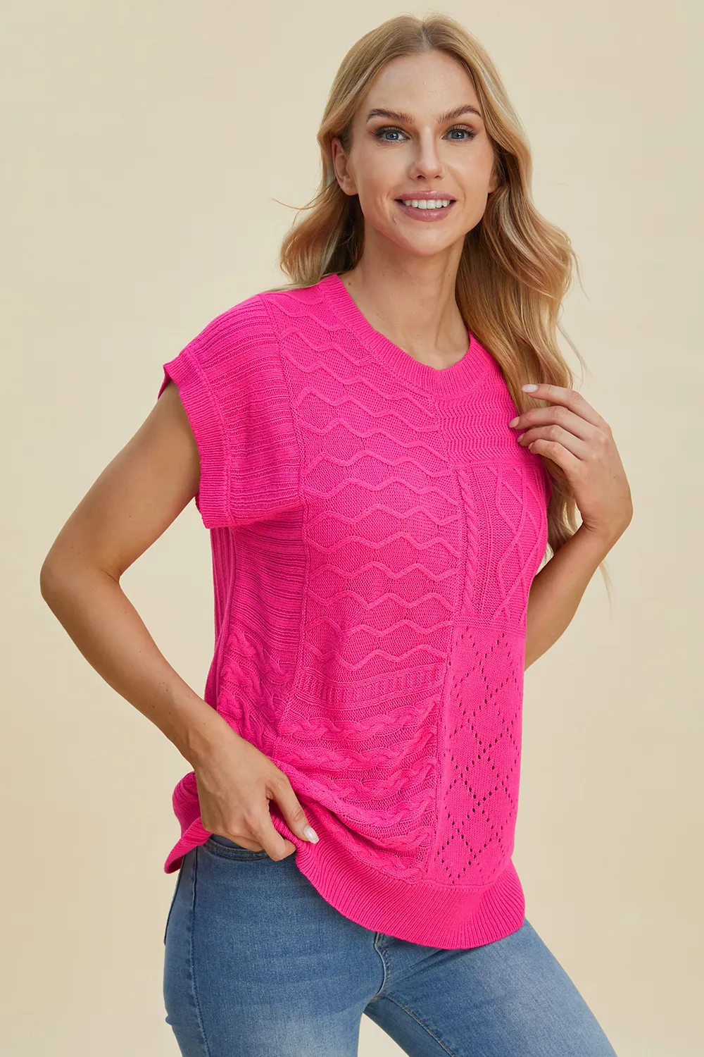 Full Size Cable-Knit Round Neck Cap Sleeve Sweater, image 23