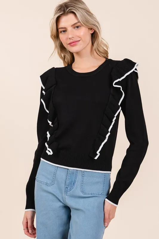 Contrast Trim Ruffled Round Neck Knit Top, image 5