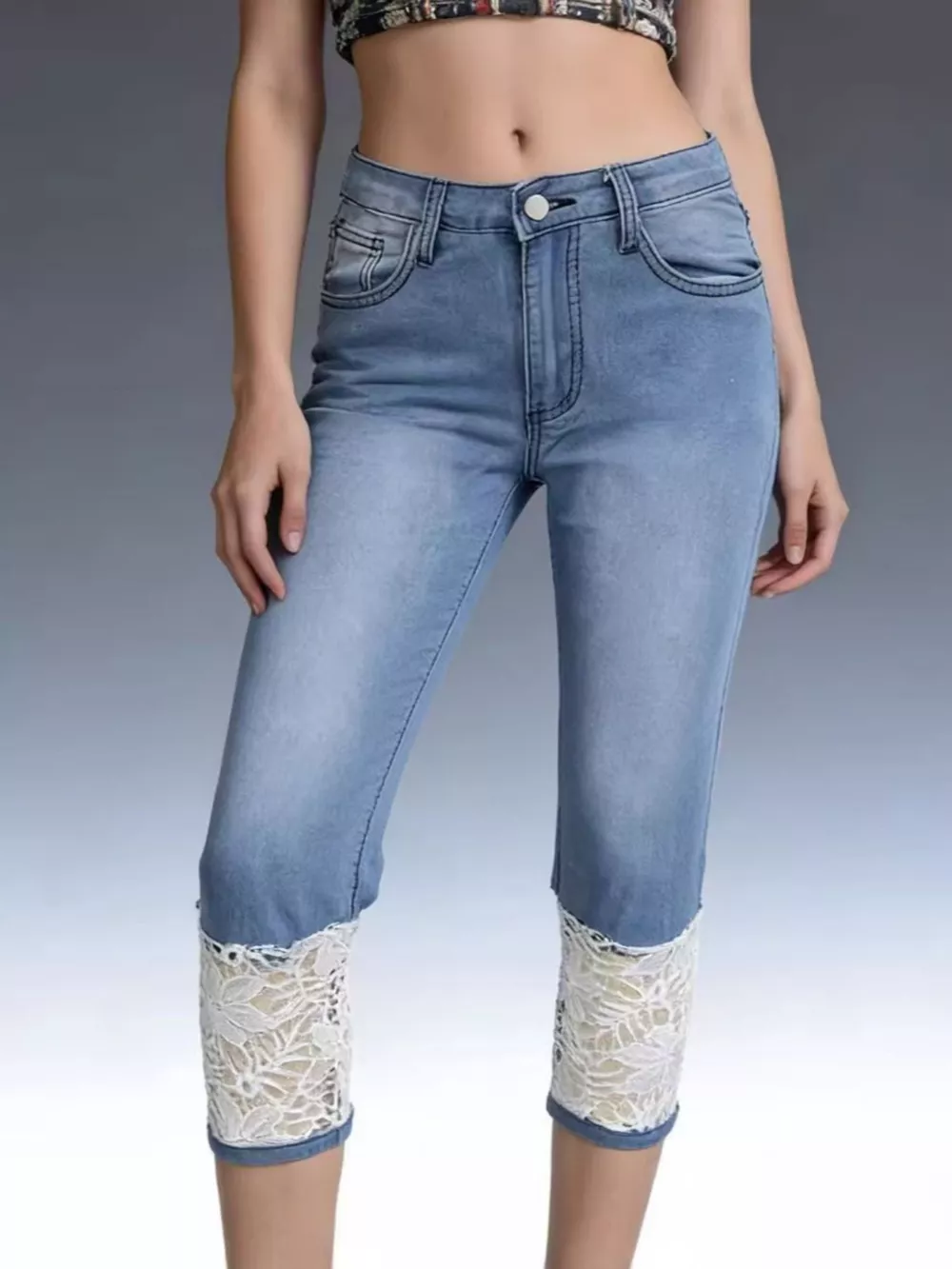 Full Size Lace Trimmed Capri Jeans Plus Size, image 7