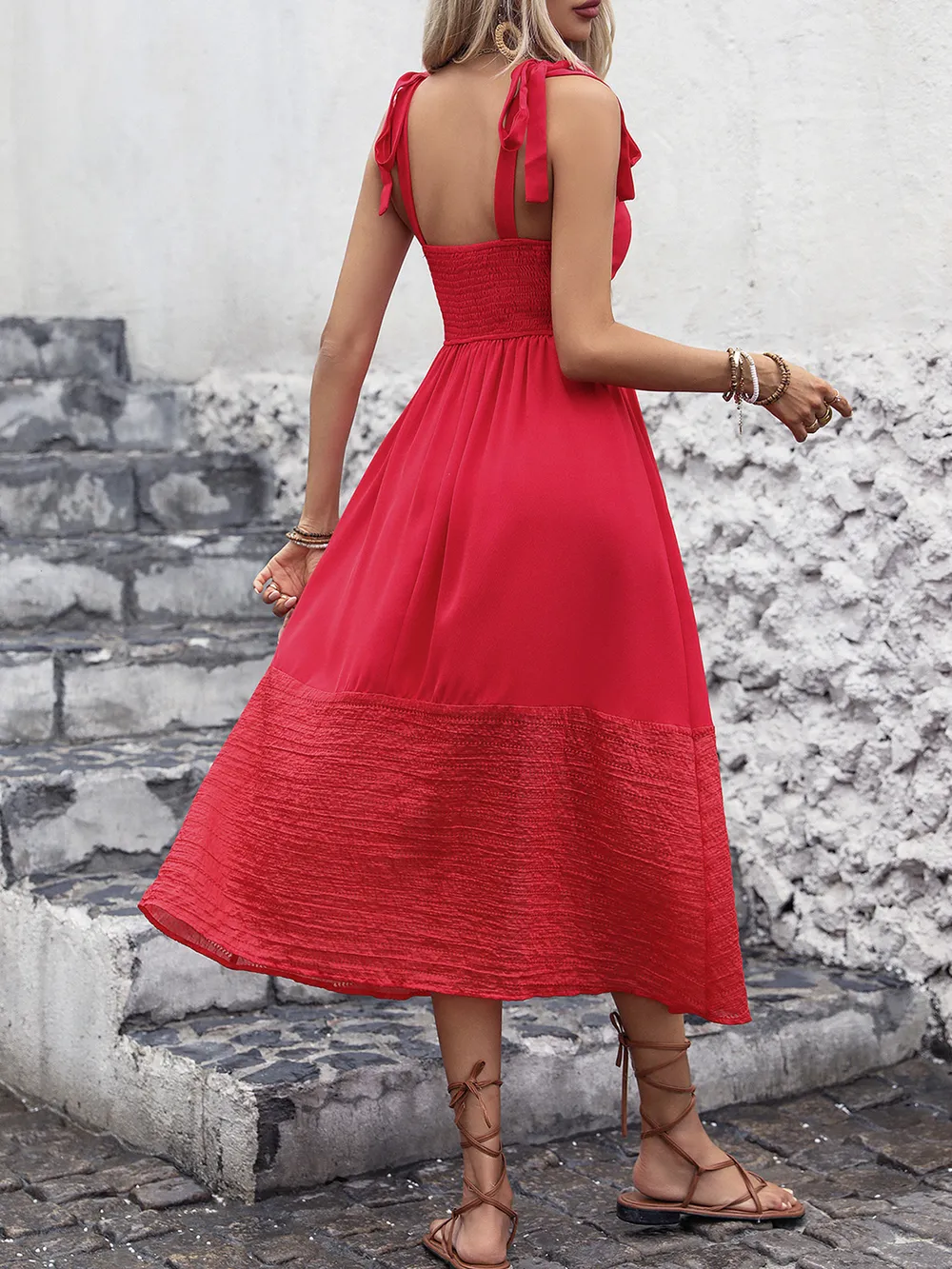 Tied Smocked Sleeveless Midi Dress, image 3