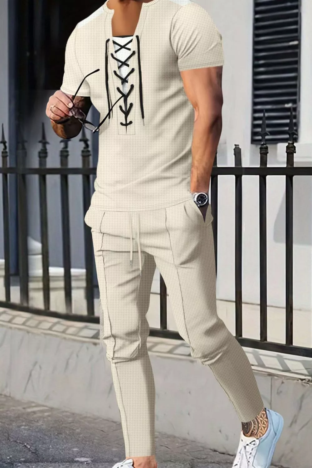 Men's Full Size Lace-Up Front Top and Pants Casual Set Plus Size, image 5