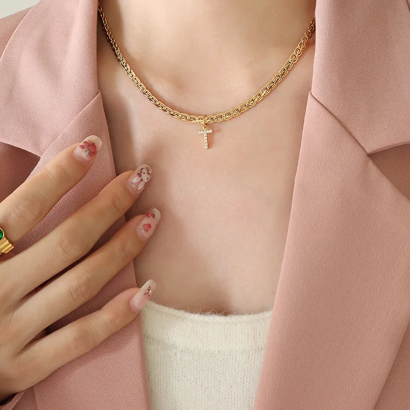 Brass Inlaid Zircon Letter Pendant Necklace, image 6