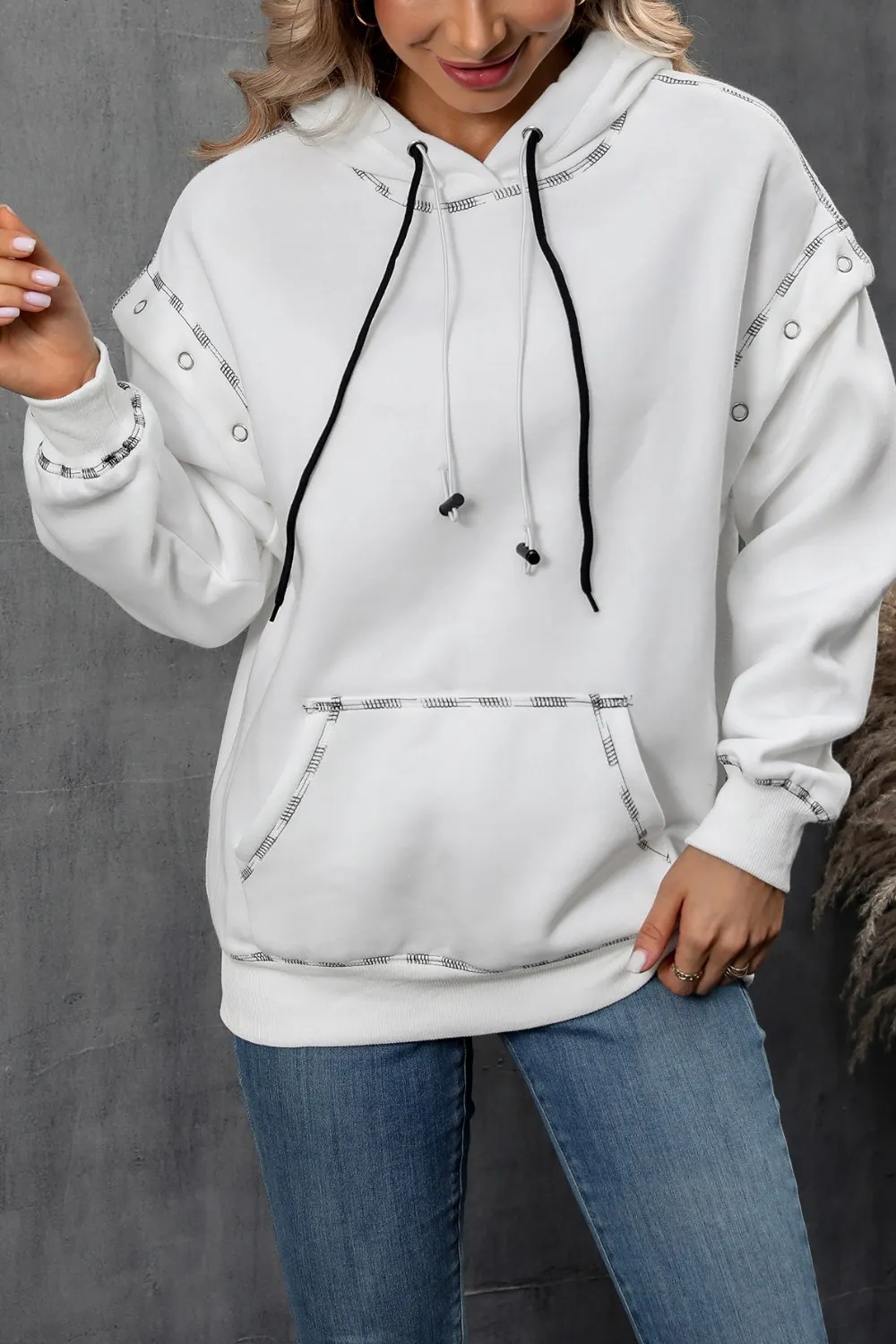 Drawstring Kangaroo Pocket Dropped Shoulder Hoodie, image 2
