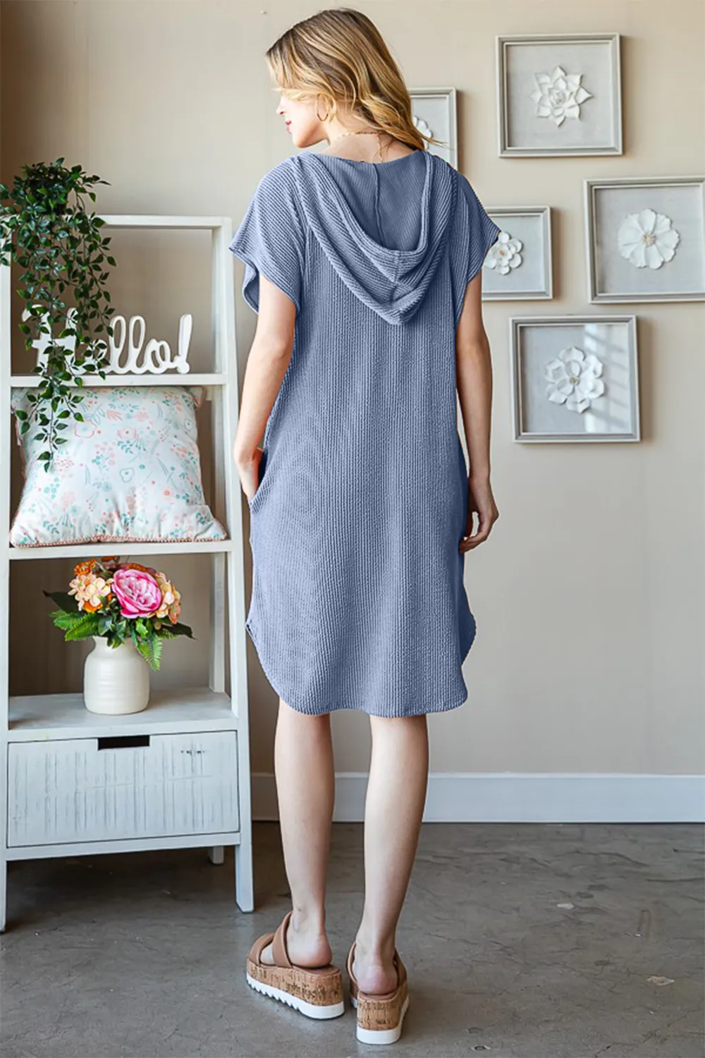 Full Size Ribbed Short Sleeve Hooded Dress, image 3