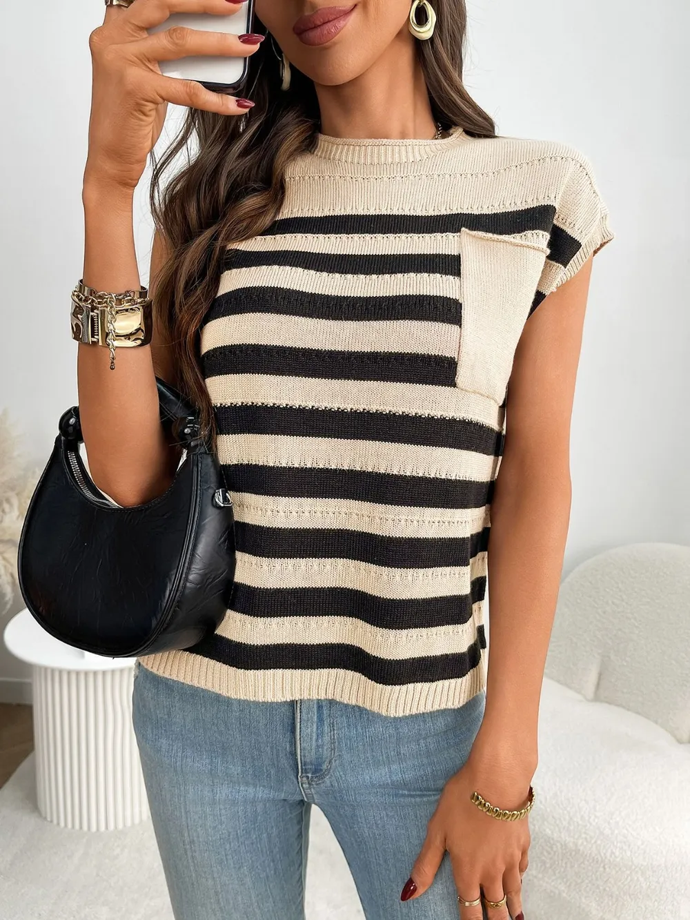 Striped Mock Neck Cap Sleeve Knit Top, image 15