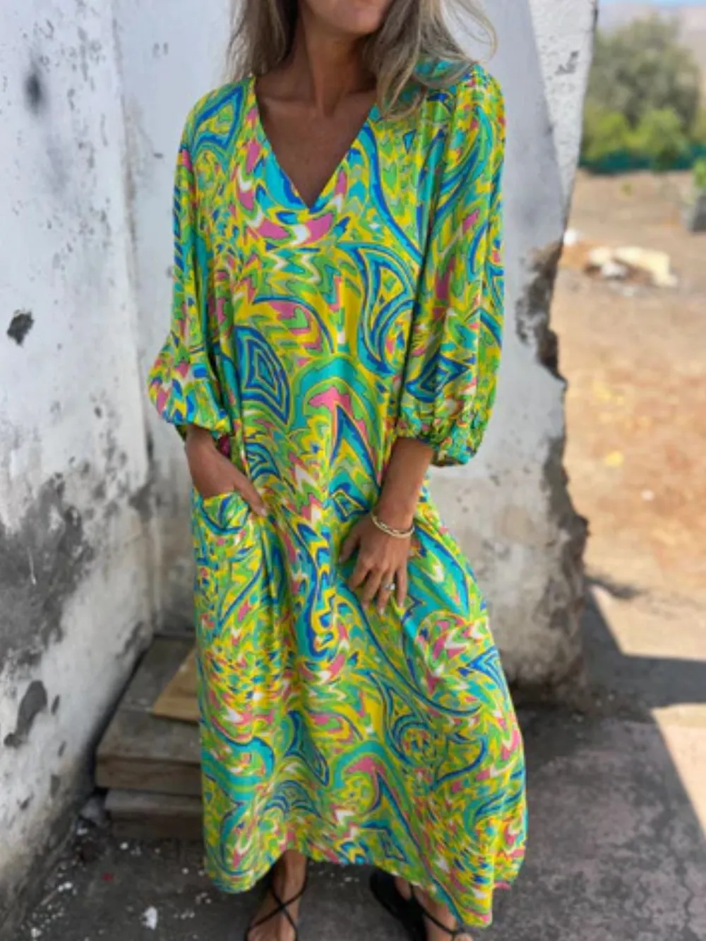 Full Size Printed V-Neck Dress with Pockets Plus Size, image 26