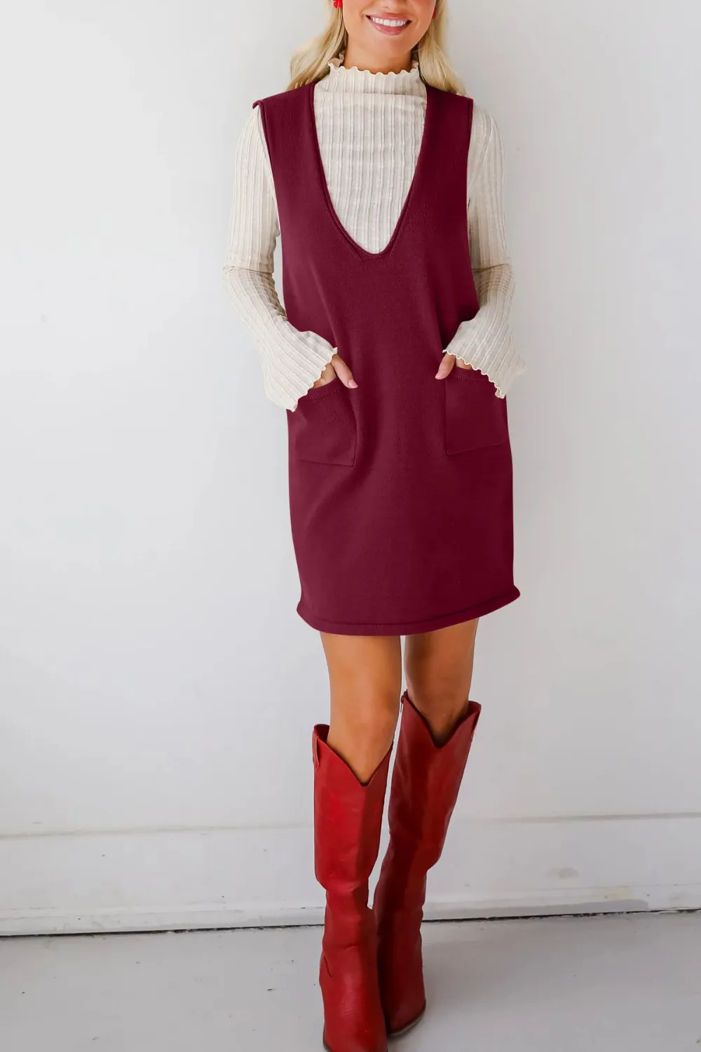 Pocketed V-Neck Mini Sweater Overall Dress, image 7