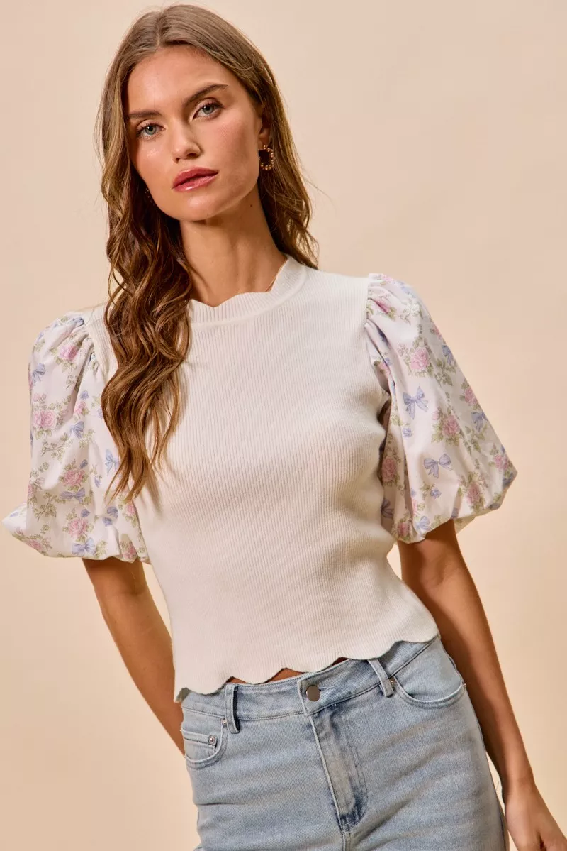 Floral Cotton Contrast Sleeves Scallop Sweater Top, image 11