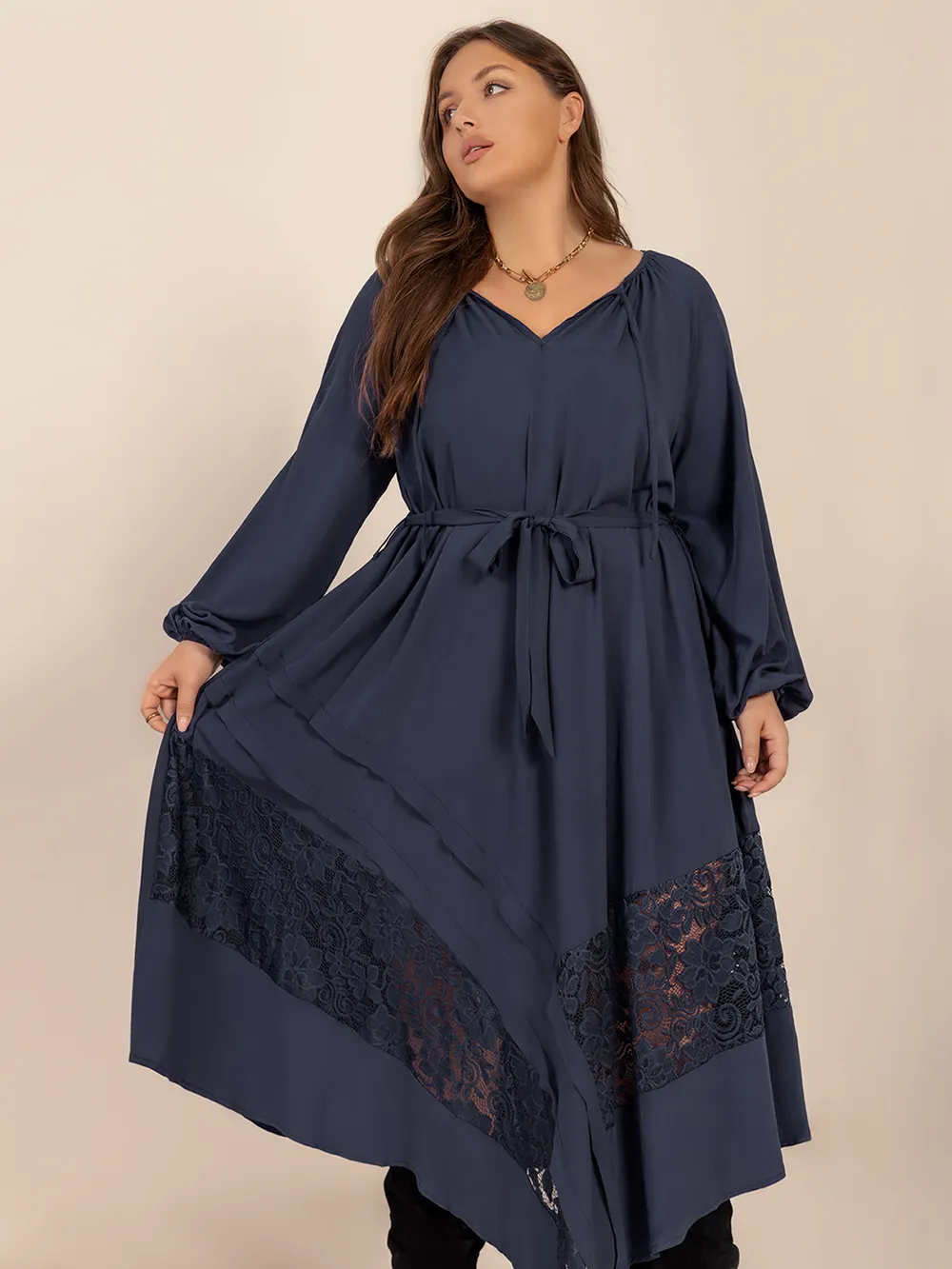 Plus Size Lace Detail Tie Neck Long Sleeve Midi Dress, image 6