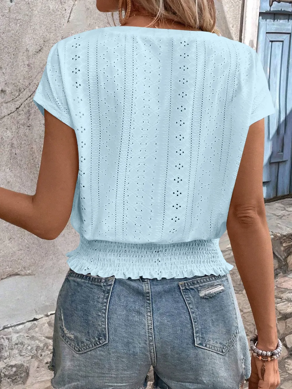 Eyelet V-Neck Short Sleeve Blouse, image 8