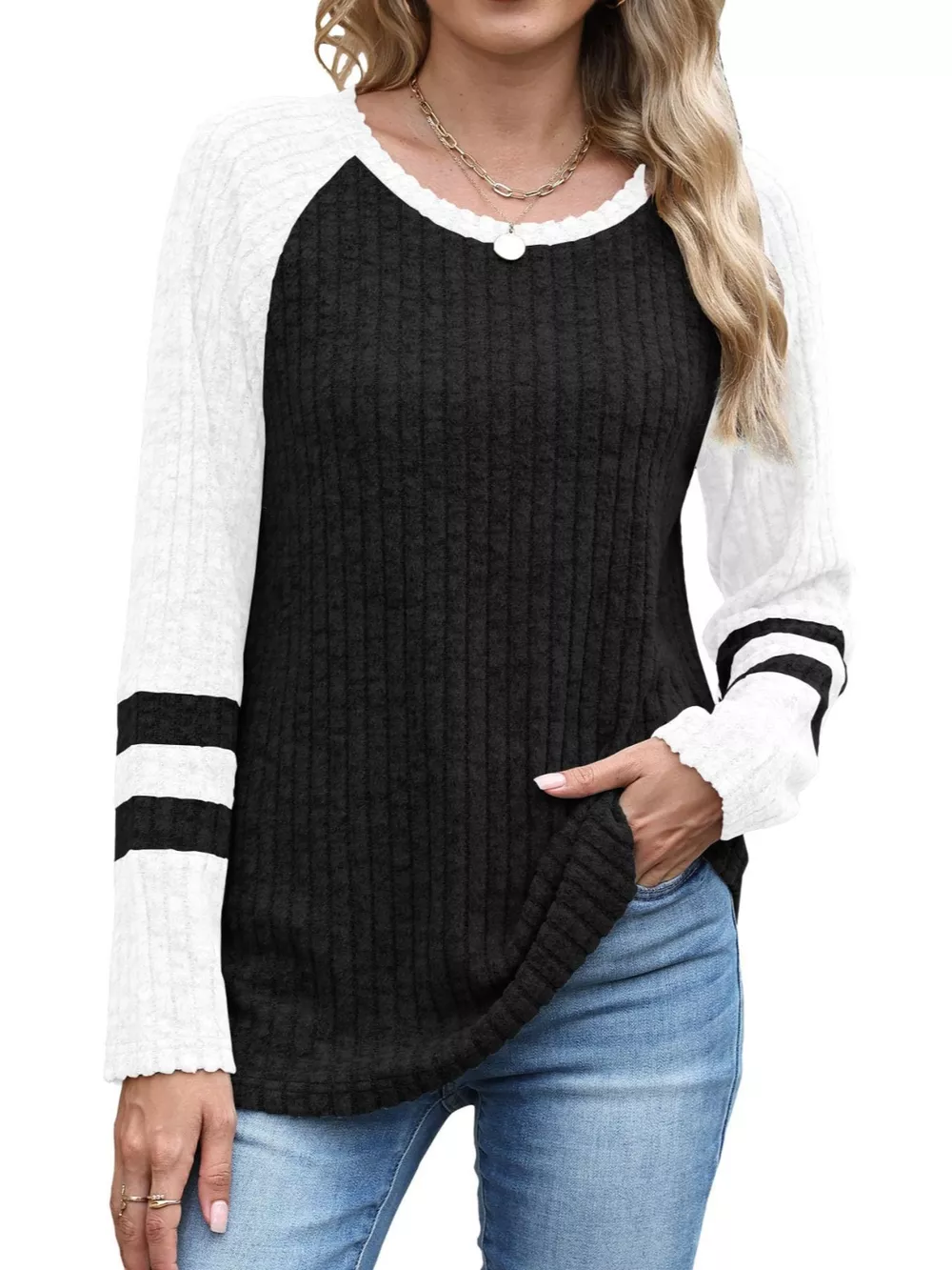 Ribbed Knit Raglan Long Sleeve T-Shirt, image 12