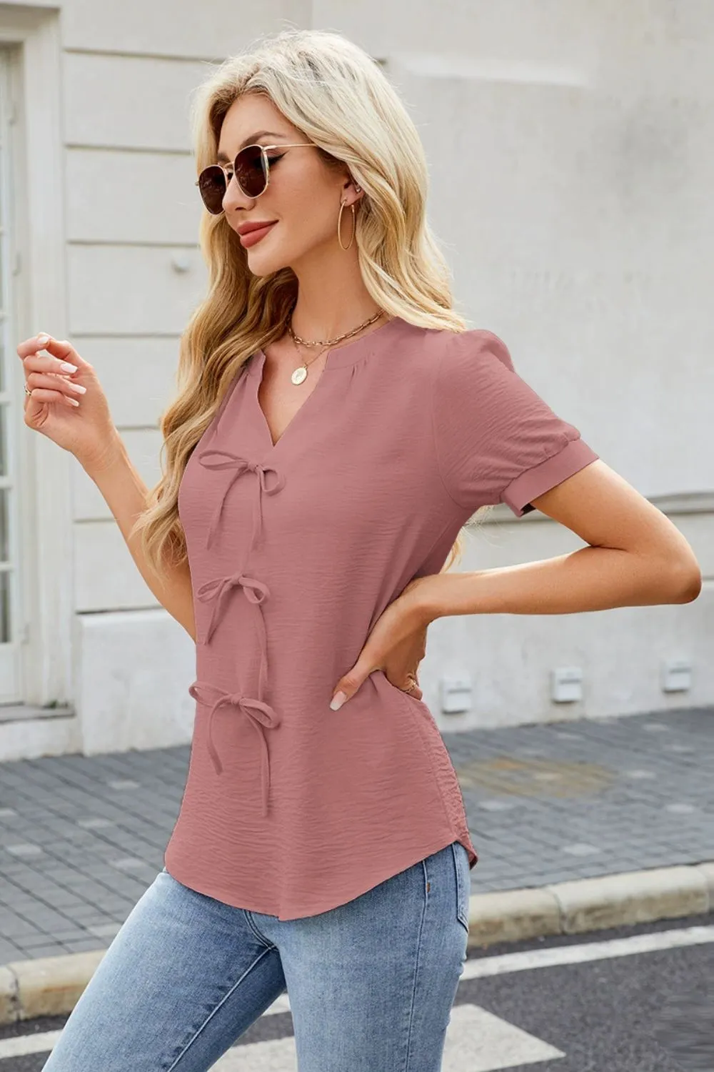Bow Notched Short Sleeve Blouse, image 5