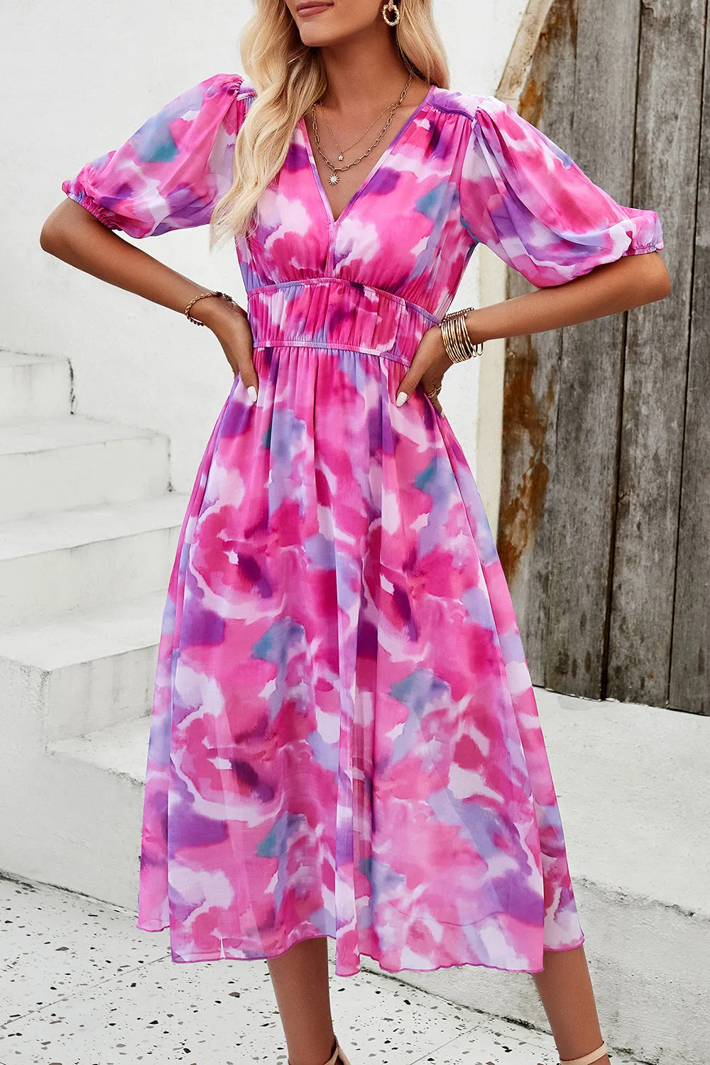 Smocked Printed V-Neck Short Sleeve Dress, image 18