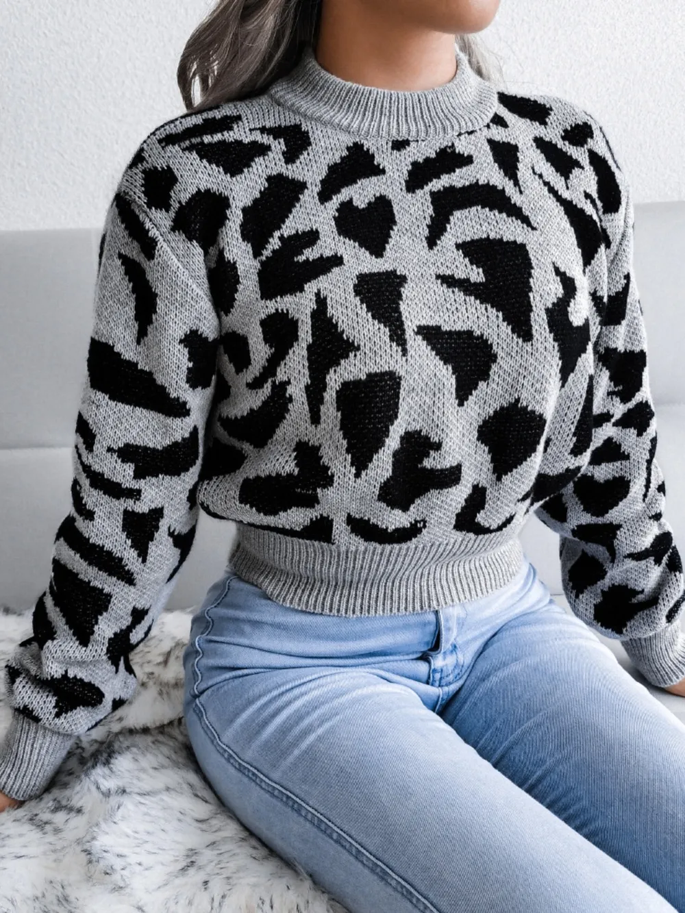 Leopard Round Neck Dropped Shoulder Sweater, image 13