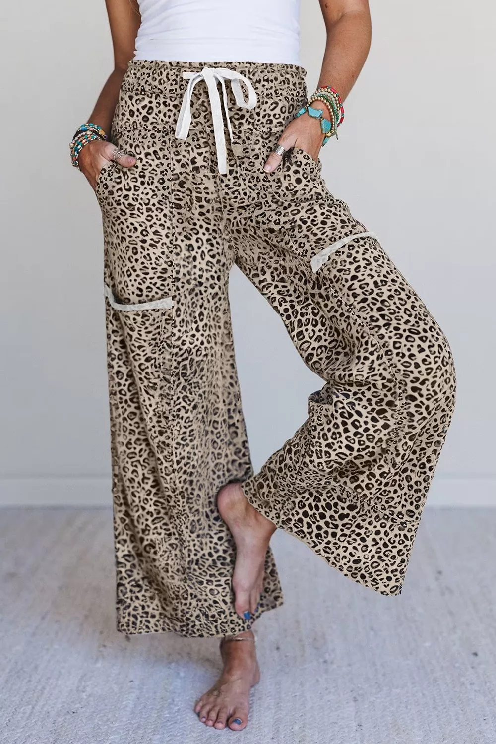 Leopard Print Wide-Leg Pants with Drawstring