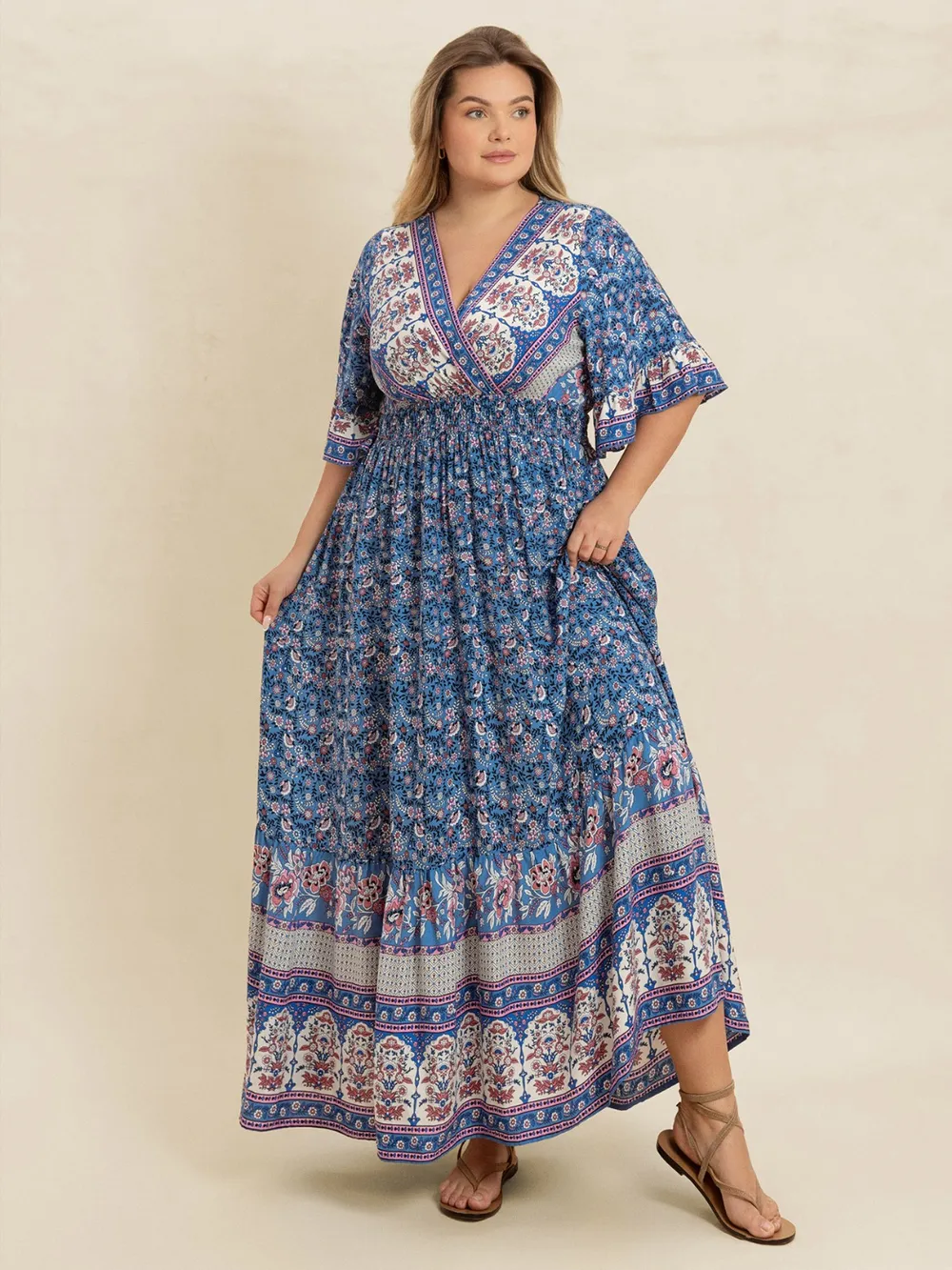 Plus Size Printed Surplice Half Sleeve Dress, image 7
