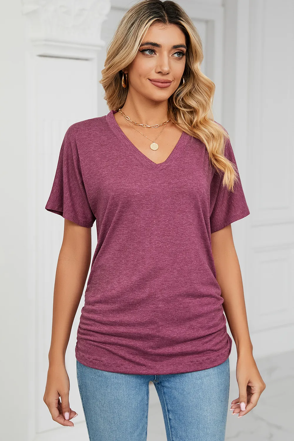 Ruched V-Neck Short Sleeve T-Shirt, image 19