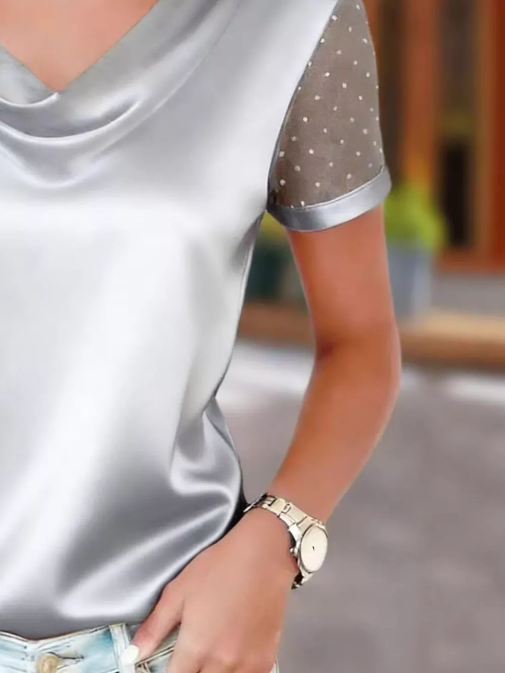 Cowl Neck Polka Dot Short Sleeve Top, image 18