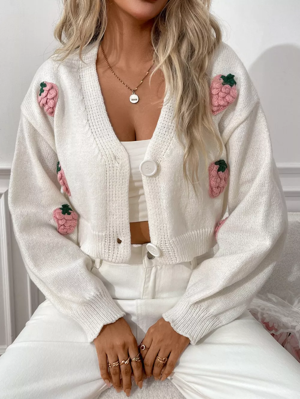 Strawberry Cropped Button-Up Cardigan, image 13